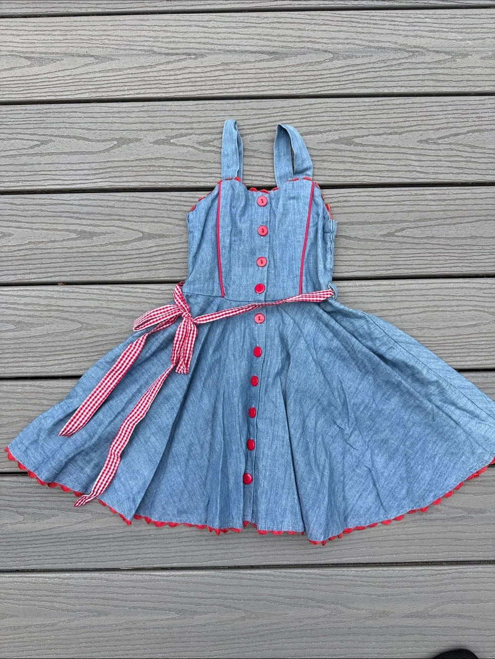 Blue Chambray Girls Sundress with Red Trim and Gingham Tie